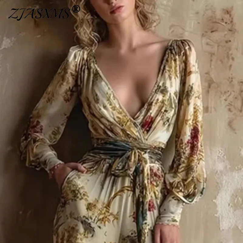 

Женский комбинезон в богемном стиле с цветочным принтом, элегантный, с завышенной талией, с поясом, весенний, с длинным рукавом, глубоким V-образным вырезом, ажурный, сексуальный, комбинезон-ромпер.