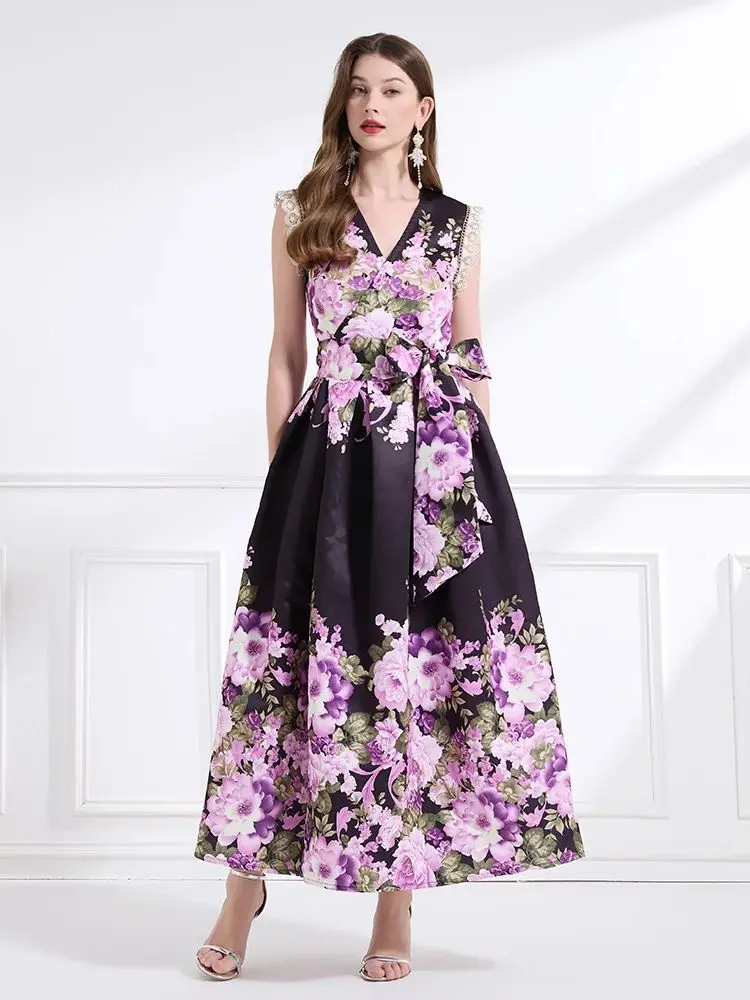 

High Quality Flower Print Cross V-Neck Bandage Lace Up Wrap Dress For Women's Lace Sleeveless Thick Satin Female Clothing