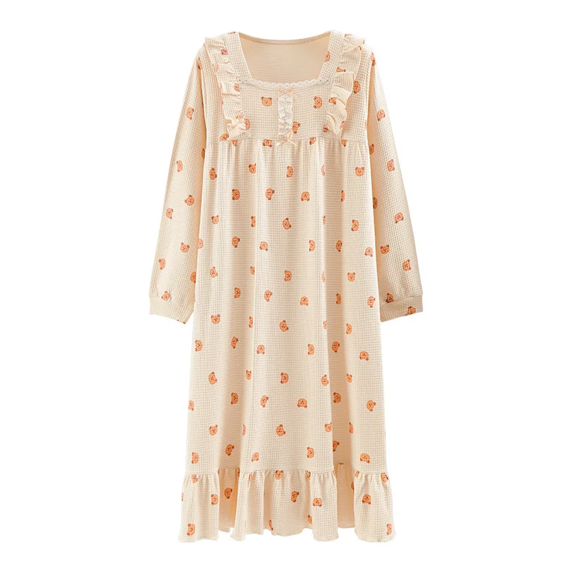 Women Pajamas Spring and Autumn Cotton Long-Sleeved Nightgown Dress Cute Sweet Strawberries Homewear Gril One-Piece Floral Robe