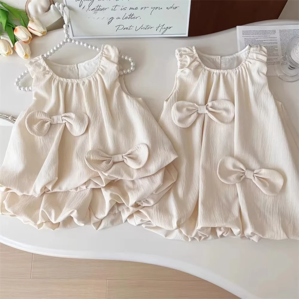 Bow Decoration Solid Color Girl Set Round Neck Sleeveless Pleated Vest Top + Flower Bud Shorts Two-piece Set Sweet Kids Clothes