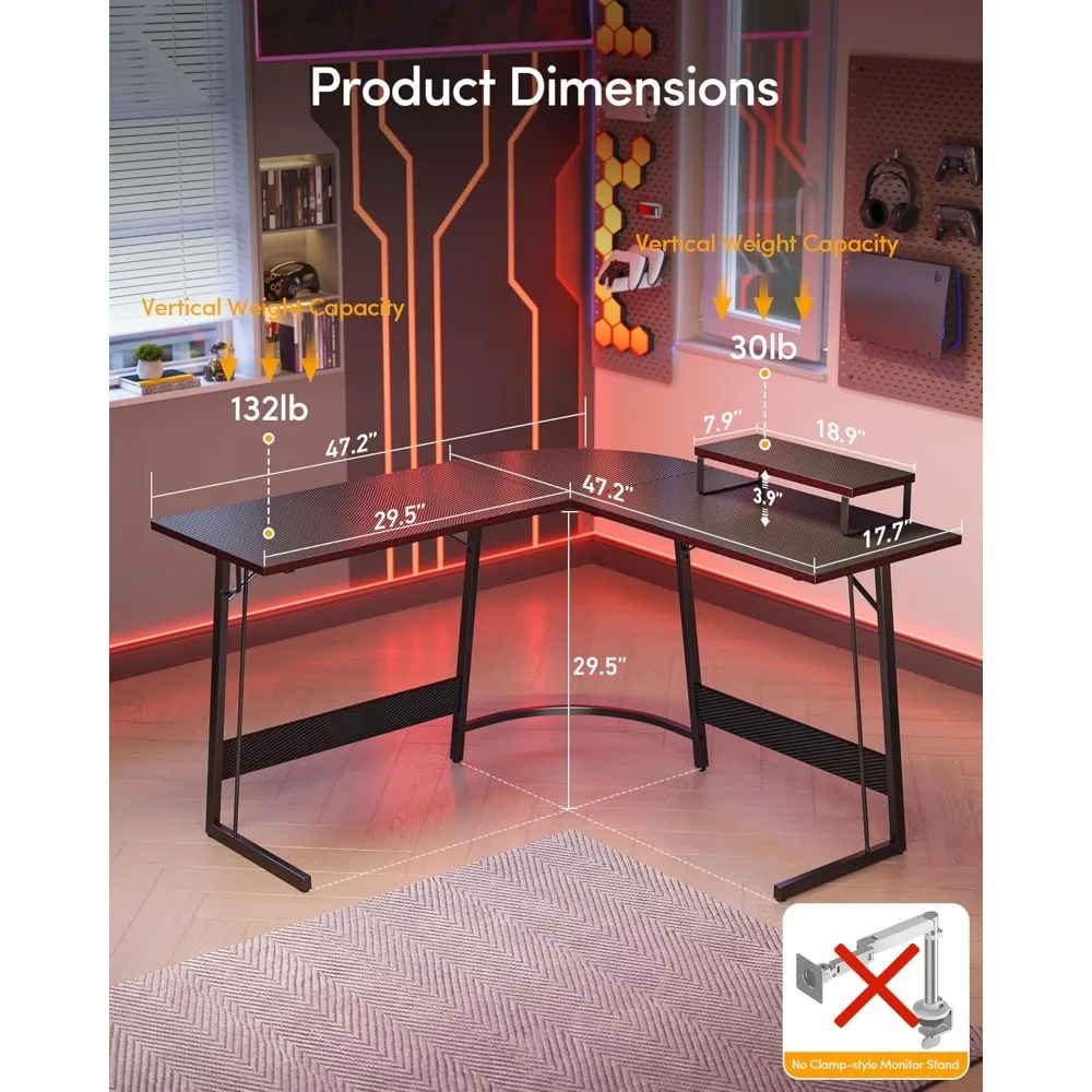 Large Corner Gaming Desk with Carbon Fiber Top and Monitor Stand for Home Office Use