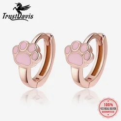 Trustdavis Real 925 Silver Cute Pink Cat Claw Hoop Earrings Women Fashion for Women Daily Wear Jewelry Gift DS3960