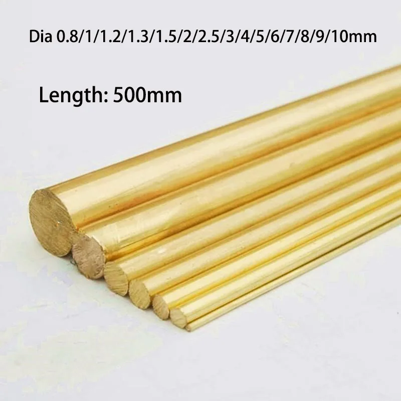 Length 500mm Dia 0.8/1/2/3/4/5/6/7/8/9/10mm Brass Round Rod Bar Hard Unbending Solid Pure Copper Handcrafted DIY Tool Metal Rods