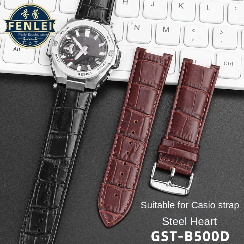 

For Casio GST-B500D/AD Heart of Steel Cowhide Watch Strap G-SHOCK Series Head Modified Genuine Leather Notched Watch Band Brown