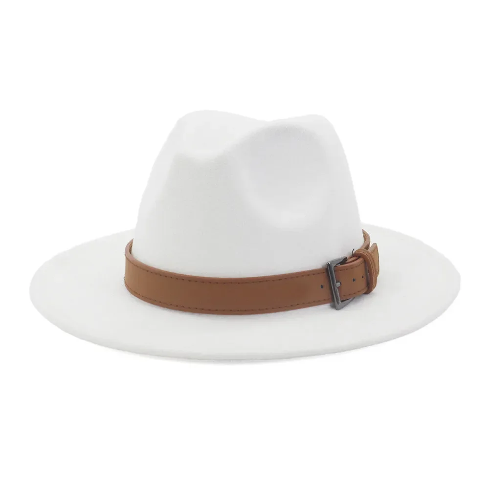 

BUTTERMERE New Women Men White Fedora Hat with Leather Panama Hat Winter Autumn Wide Brim Jazz Trilby Male Female Casual Hat