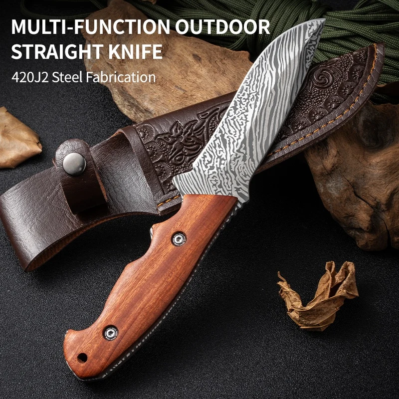 1pc outdoor portable knife Martensitic stainless steel solid wood handle, kitchen family camping trekking knife