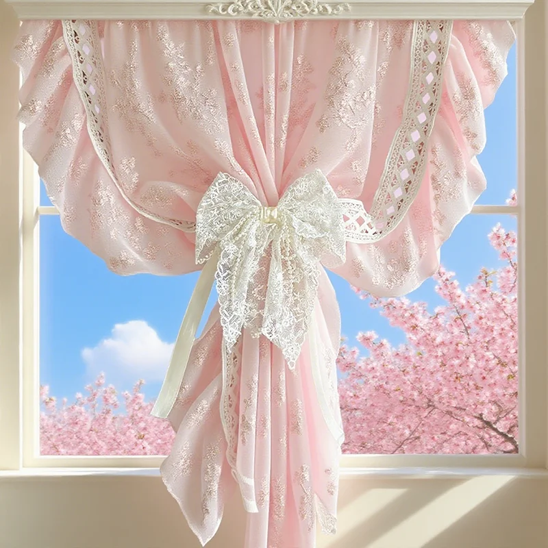 1Pair/2Pairs French Romantic White Flower Lace Curtain Tieback with Bead Korean Bow Strap Trims for Curtain Accessories Decor