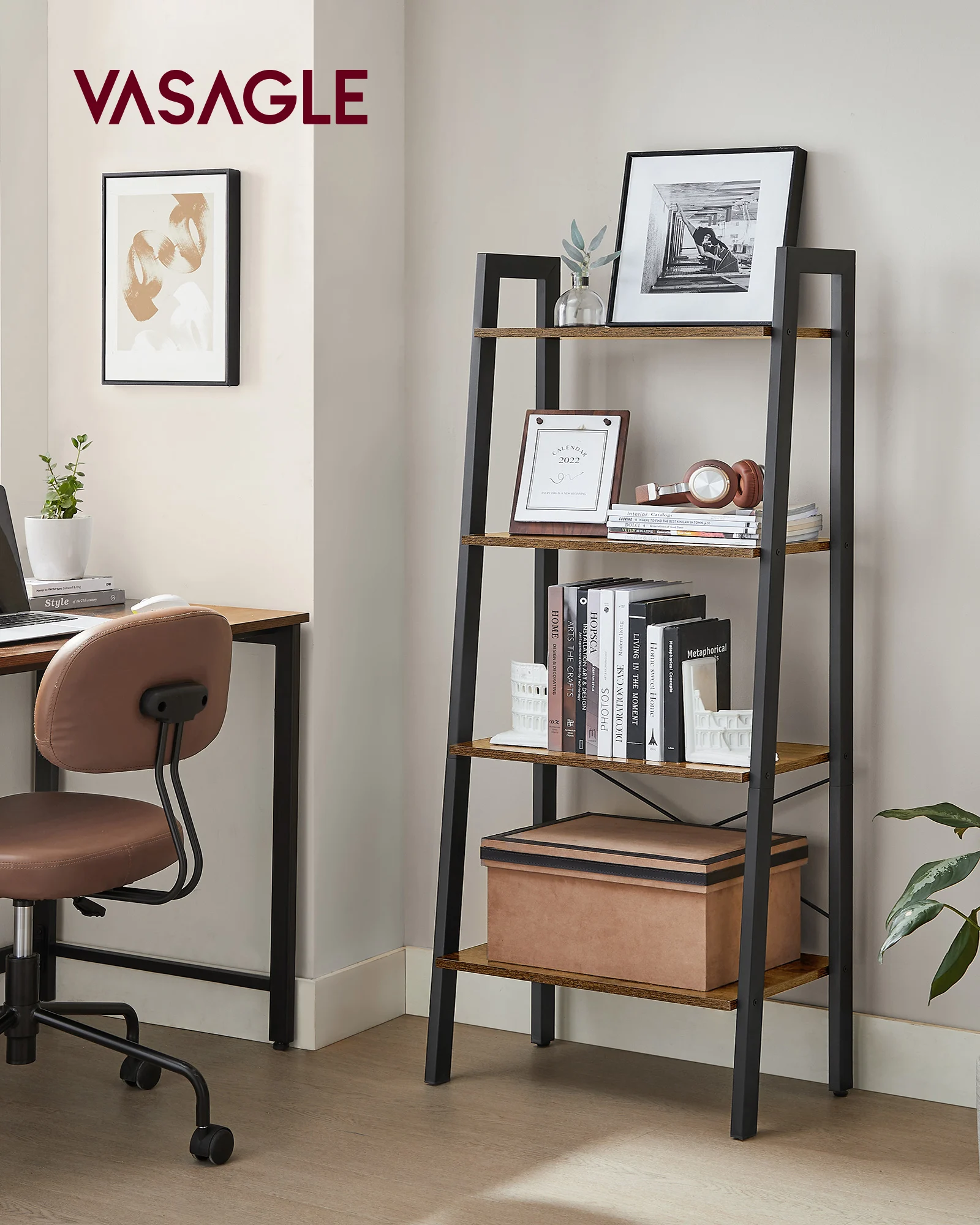 

Стеллаж-лестница VASAGLE, 4-ярусная книжная полка, стеллаж для хранения, книжный шкаф со стальным каркасом, для гостиной, домашнего офиса, кухни, спальни