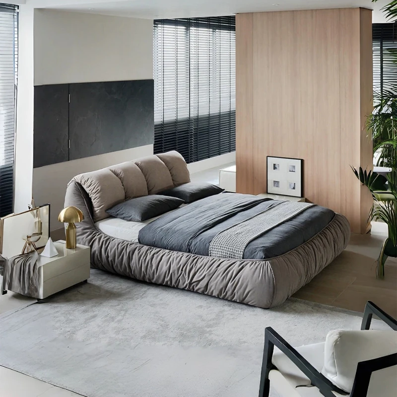 

Italy Designer Double Bed Headboard Frame Modern Technology Velvet Fabric Bed 2 People Soft Packaging King Size Cama Furniture