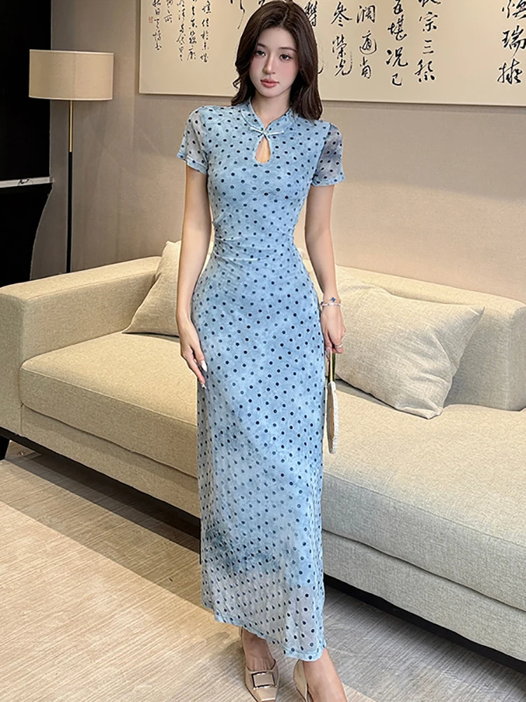 

Женское синее платье в горошек с коротким рукавом и воротником-стойкой, летнее, элегантное, повседневное, домашнее, 2026, корейская мода, облегающее, Vestidos