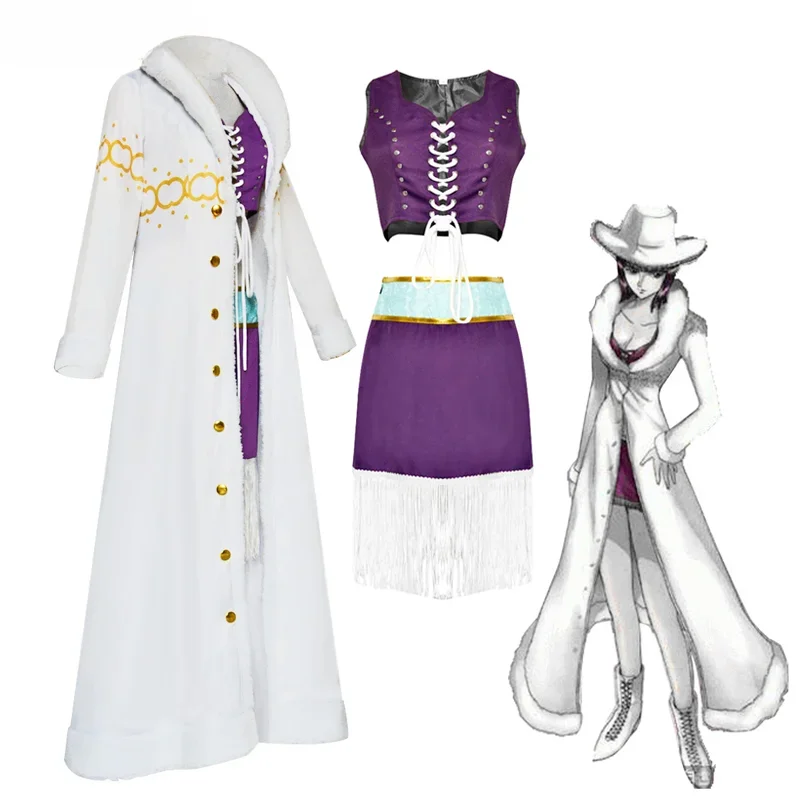 robin one piece purple dress Nico Robin Cosplay Costume Anime One Piece Purple Dress Uniform Long Fur  Collar White Cloak Punk Outfit Halloween for Adult