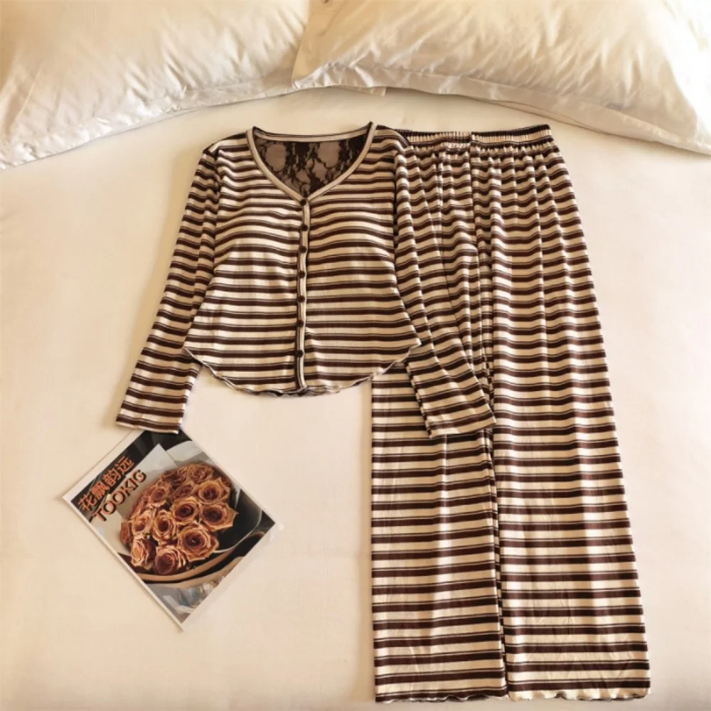

Полосатая женская домашняя одежда, осенняя одежда для сна с длинными рукавами для сна, комплект из 2 предметов, пижама, одежда для комнаты, женские пижамы, пижама