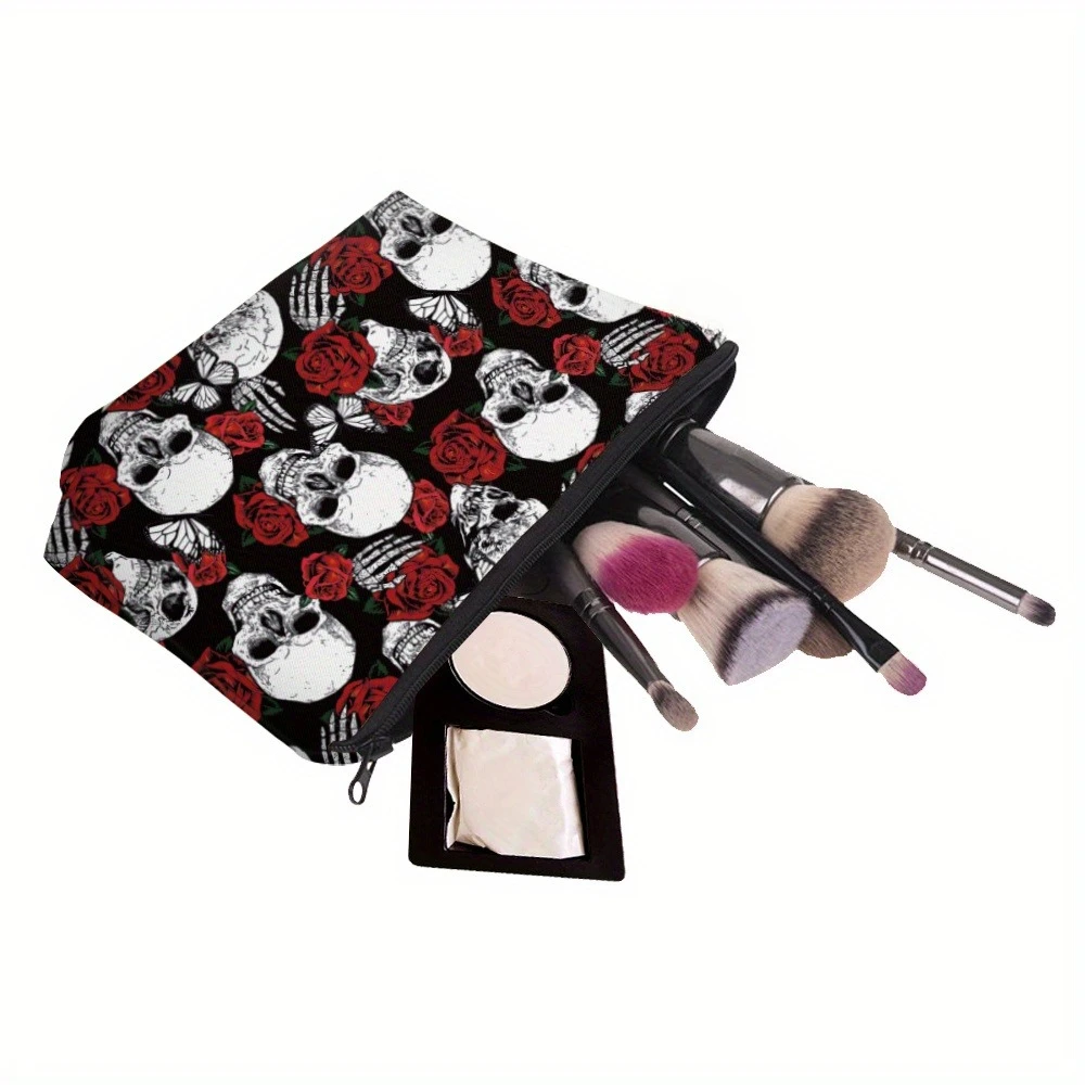 Gothic Rose and Skull Pattern Makeup Bag Durable Polyester Portable Cosmetic Pouch Travel Bag Large Capacity Halloween Gift
