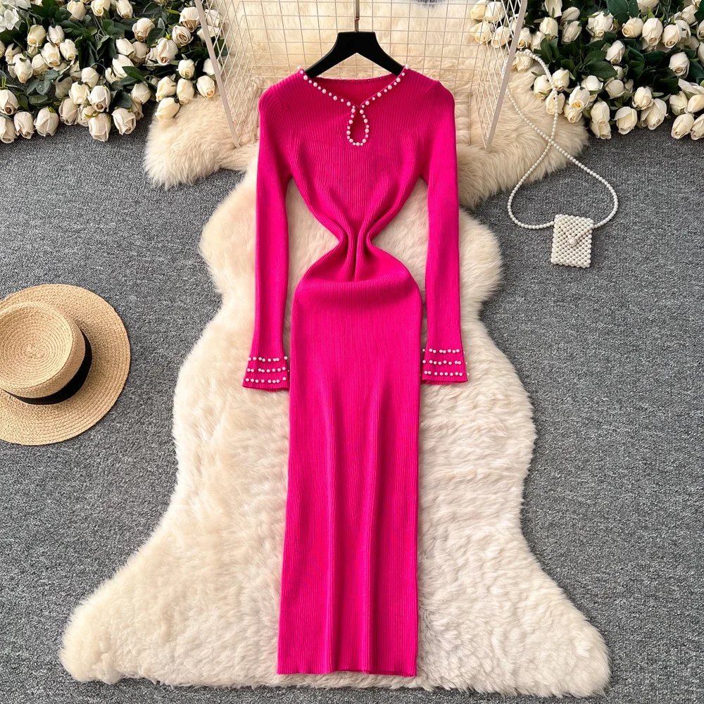 Clothland 여성 우아한 비즈 장식 니트 드레스 브이넥 컷아웃 긴 소매 원피스 미디 드레스 Vestido QE285