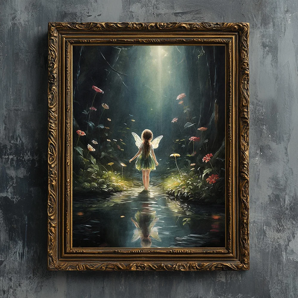 Dark Forest Flower Fairy Wall Art Floral Print Botanical Aesthetic Unicorns in Fantasy World Poster Decor Giant Dragon Painting