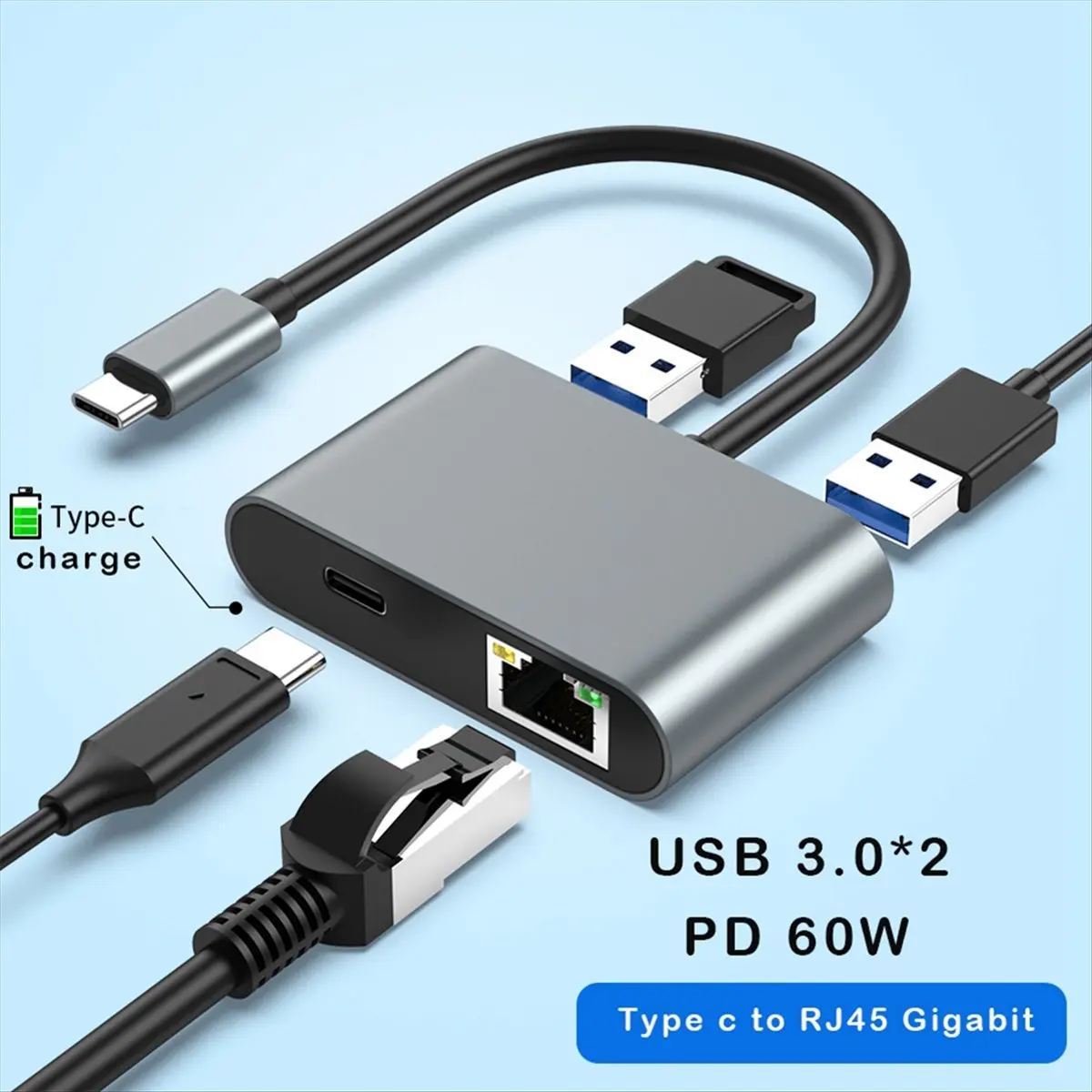 【A19R】1000Mbps USB C to Ethernet Adapter 60W PD Fast Charging Port Type-C to RJ45 2XUSB 3.0 Network Adapter for PC Laptop