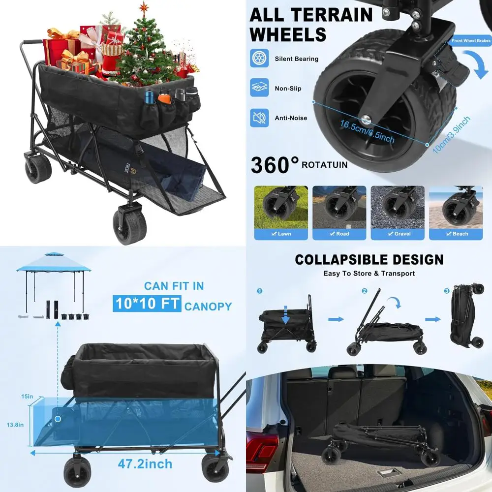 Folding Double Decker Wagon with 400L Capacity, 47 Length, Collapsible and Foldable for Outdoor Adventures