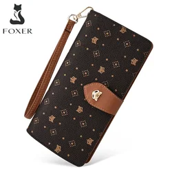 FOXER-Portefeuille Long en Cuir PVC avec Lanière pour Femme, Porte-Monnaie, Porte-Cartes, Sac d'Argent, Design Monogramme