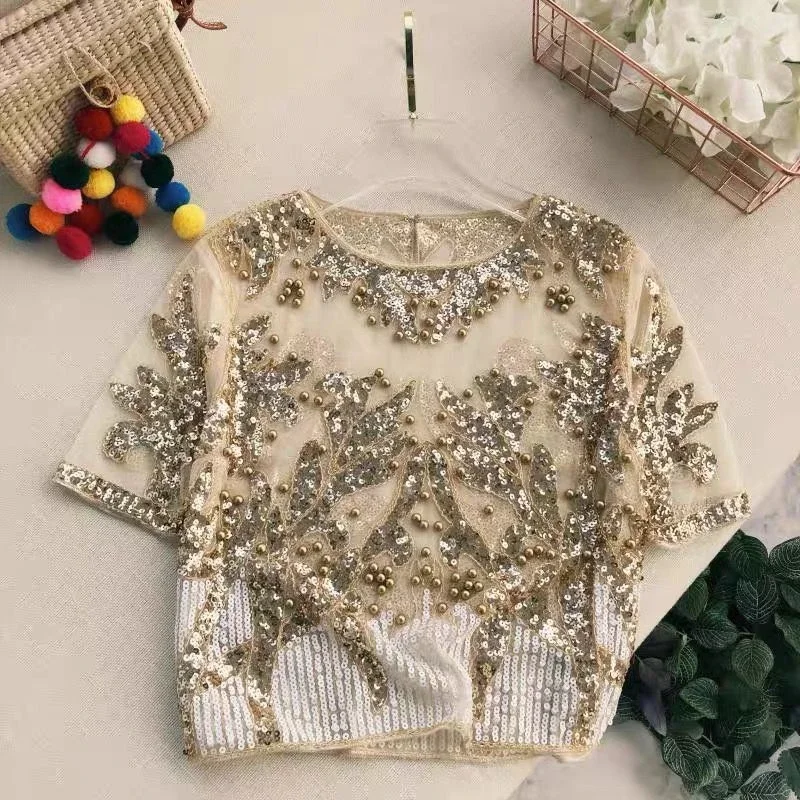 2023 Summer New Female Vintage Elegant Beading Sequins Mesh Top Bling Perspective Short Sleeve T Shirt Women Fashion Tee