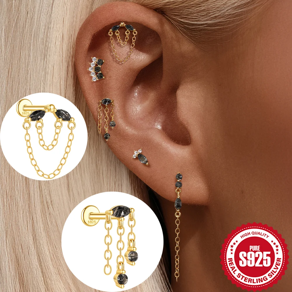 

BOAKO Стерлингового Серебра 925, блестящий черный кварц, рутилированная цепочка, подвеска для женщин, серьги для пирсинга, модные изысканные стильные ювелирные изделия