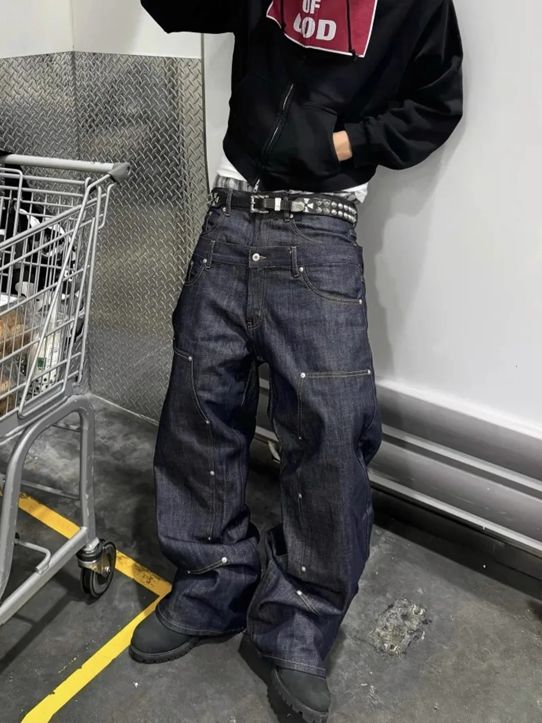 American Retro Street Nail Double Waist Jeans Loose Wide Leg Workwear Long Trousers for Men And Women Punk Style Casual Jeans