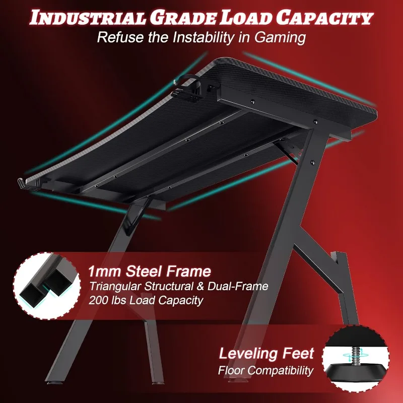 47 Inch Gaming Desk with Carbon Fibre Surface Large Computer Desk Gaming Table Ergonomic Pc Gaming Workstation