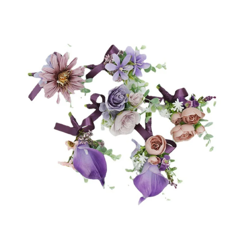 Roxo flores artificiais rosas boutonniere pulso corsage pulseira de dama de honra homem testemunha acessórios de casamento