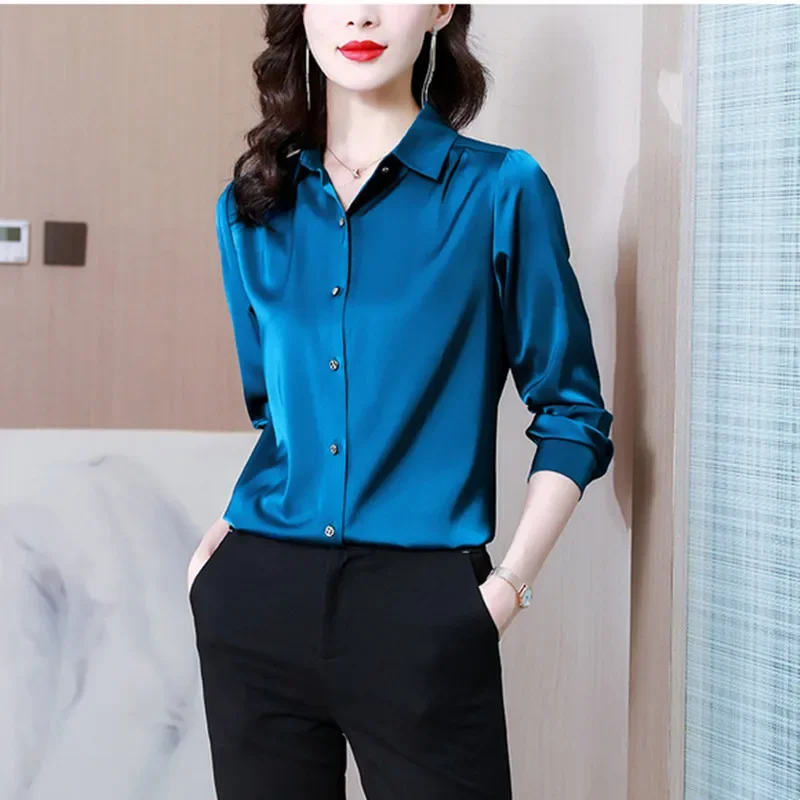 Silk Women's Shirt Vintage Solid Tops for Women Metal Button Up Polo Neck Women Clothing Long Sleeve Top Female Basic OL Shirts