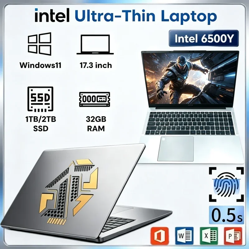 17.3 Inch Intel 6500Y Laptop Computer 32GB RAM 2TB SSD Windows11 Fingerprint Unlock Notebook For Light Office & Media