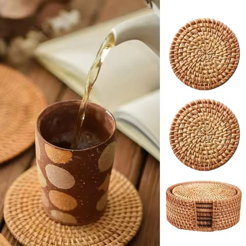 

New Handmade Rattan Table Mat & Coaster - Round Heat Insulating Non-Slip, Placemat for Home Office Dining Table Coffee Cup