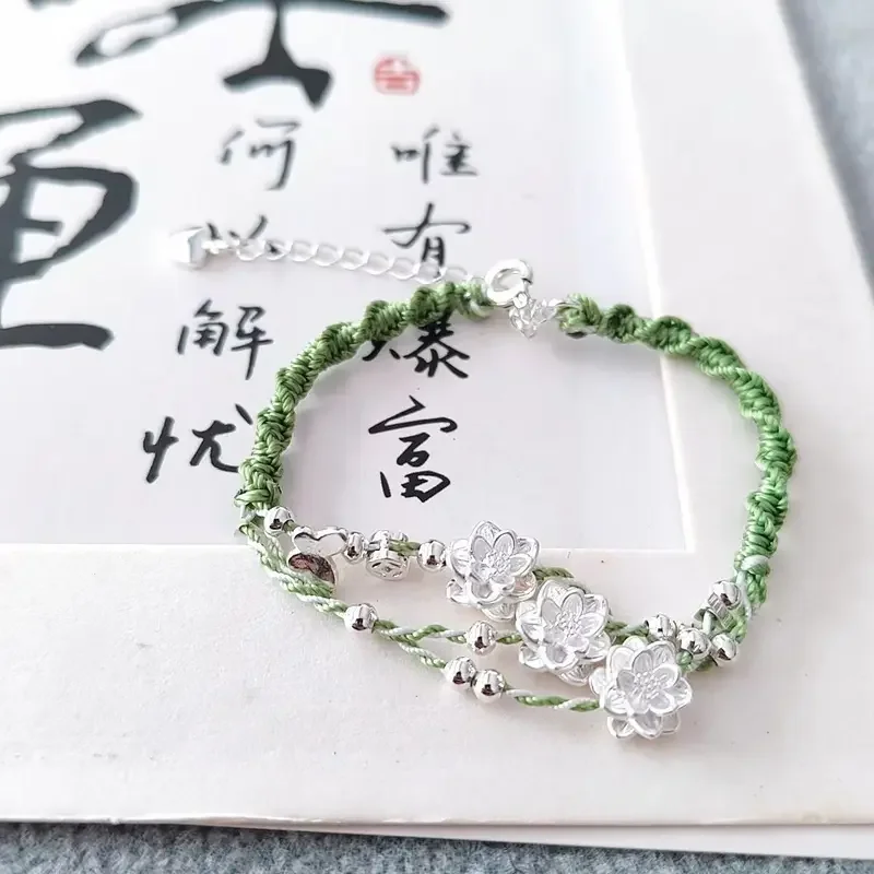 New Chinese 999 Silver Good Lucky Beads Butterfly Lotus Extended Chain Bracelet Woven Hand Rope All-match Sweet Elegant Jewelry