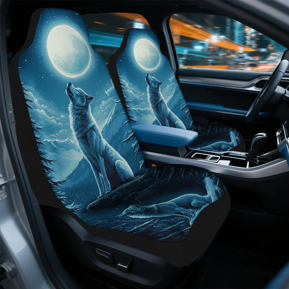 Set Of 2 Moonlit Wolf Howling Design Car Covers – Universally Compatible Front Protectors For Vehicles, Suvs & Sedans, Sturdy Co
