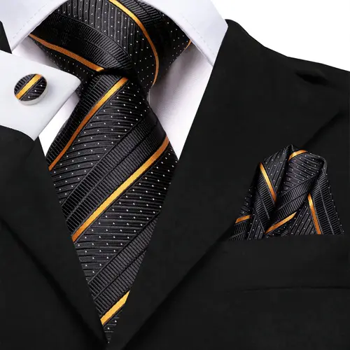 Corbata dorada negra a rayas de alta corbata, conjunto de corbata para fiesta de boda de marca a la moda, gemelos prácticos, regalo, venta al por mayor, diseñador de alta corbata