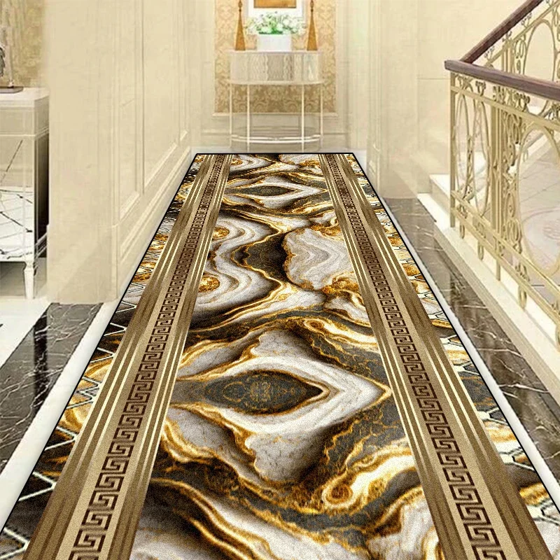 Golden Abstract Long Corridor Carpet Luxury Hotel Lobby Decoration Rugs Stairway Hallway Stairs Runner Rug Non-slip Kitchen Mat