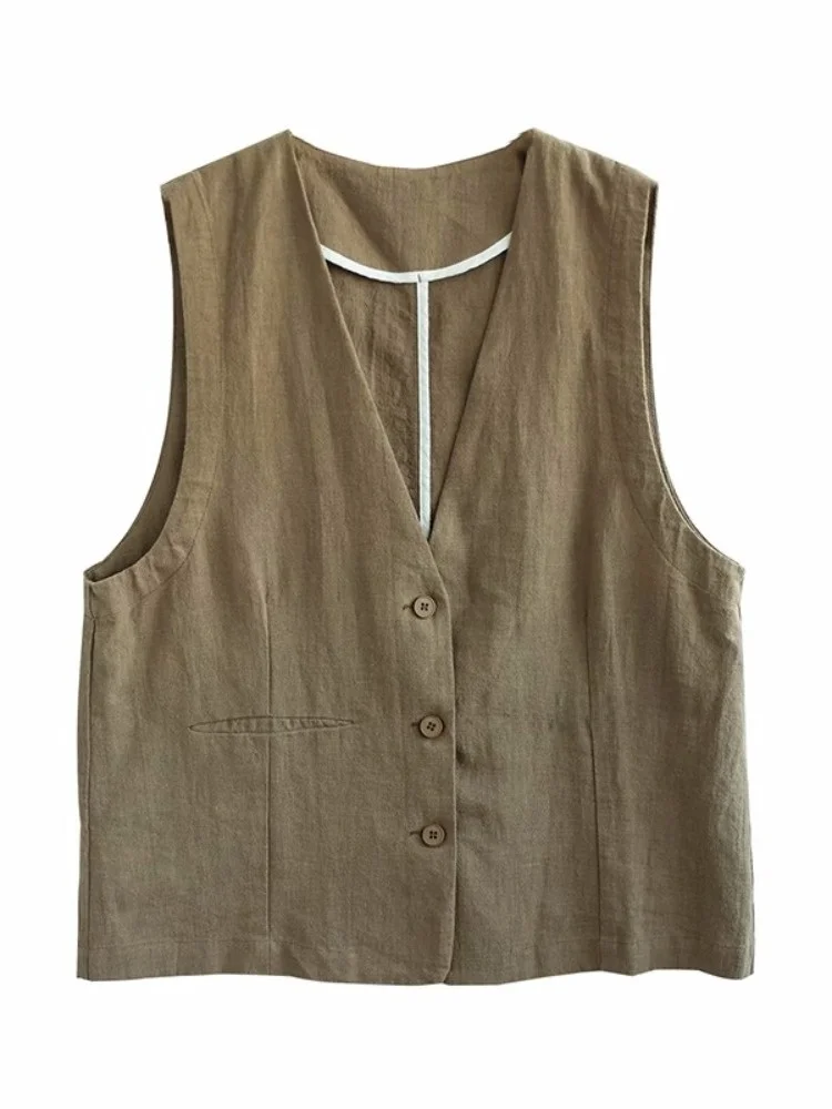캐주얼 루즈 코튼 린넨 베스트 여성 여름 예술적 브이넥 슬림 탑 다용도 컬러 단일 버튼