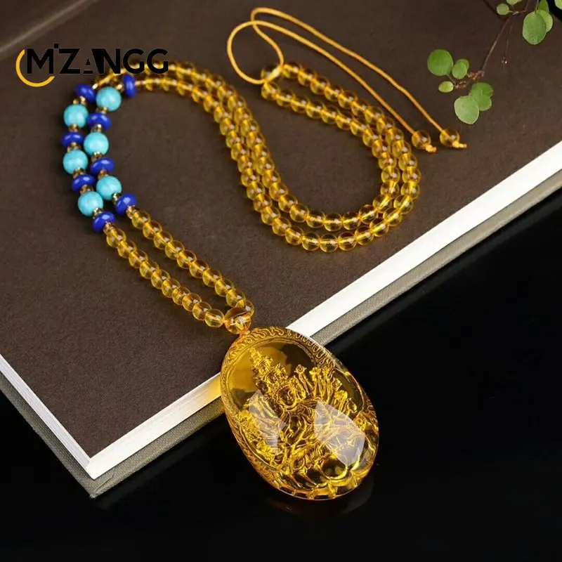 Golden Amber Eight Guardian Gods Thousands of Hands Avalokitesvara Bodhisattva Zodiac Rat Native Life Buddha Pendant Necklace