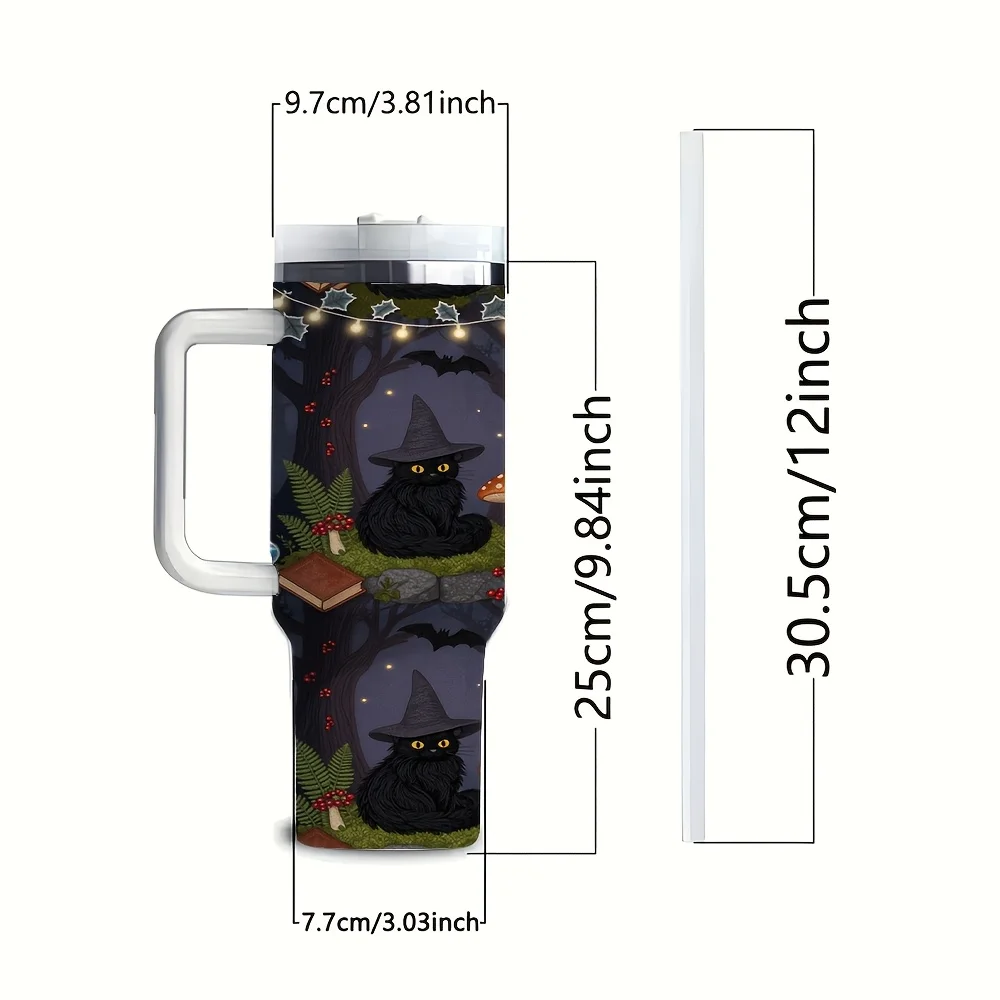 1ps Halloween and Christmas Spooky Black Cat Witch Mushroom Forest Print 40oz Insulated Tumbler with Handle and Straw, Reusable Stainless Steel Water Cup for Home Office Outdoor Travel Holiday Party Drinkware
