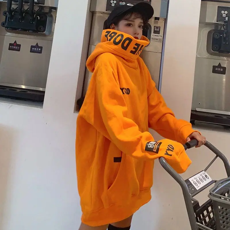 Autumn Winter High Neck Loose Fit Long Sleeve Hoodie Women's Fashion Orange CEC Long Hoodie Sweatshirt Comfortable Cotton