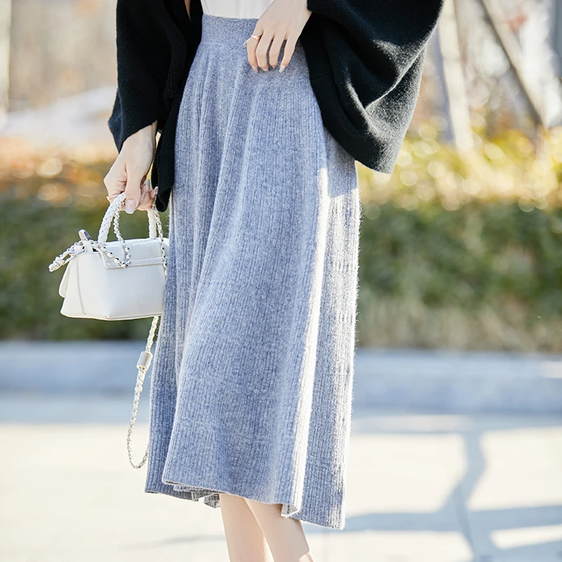 Slub pattern 100% pure cashmere skirt women's knitted long skirt elastic waist loose casual Joker A-line skirt