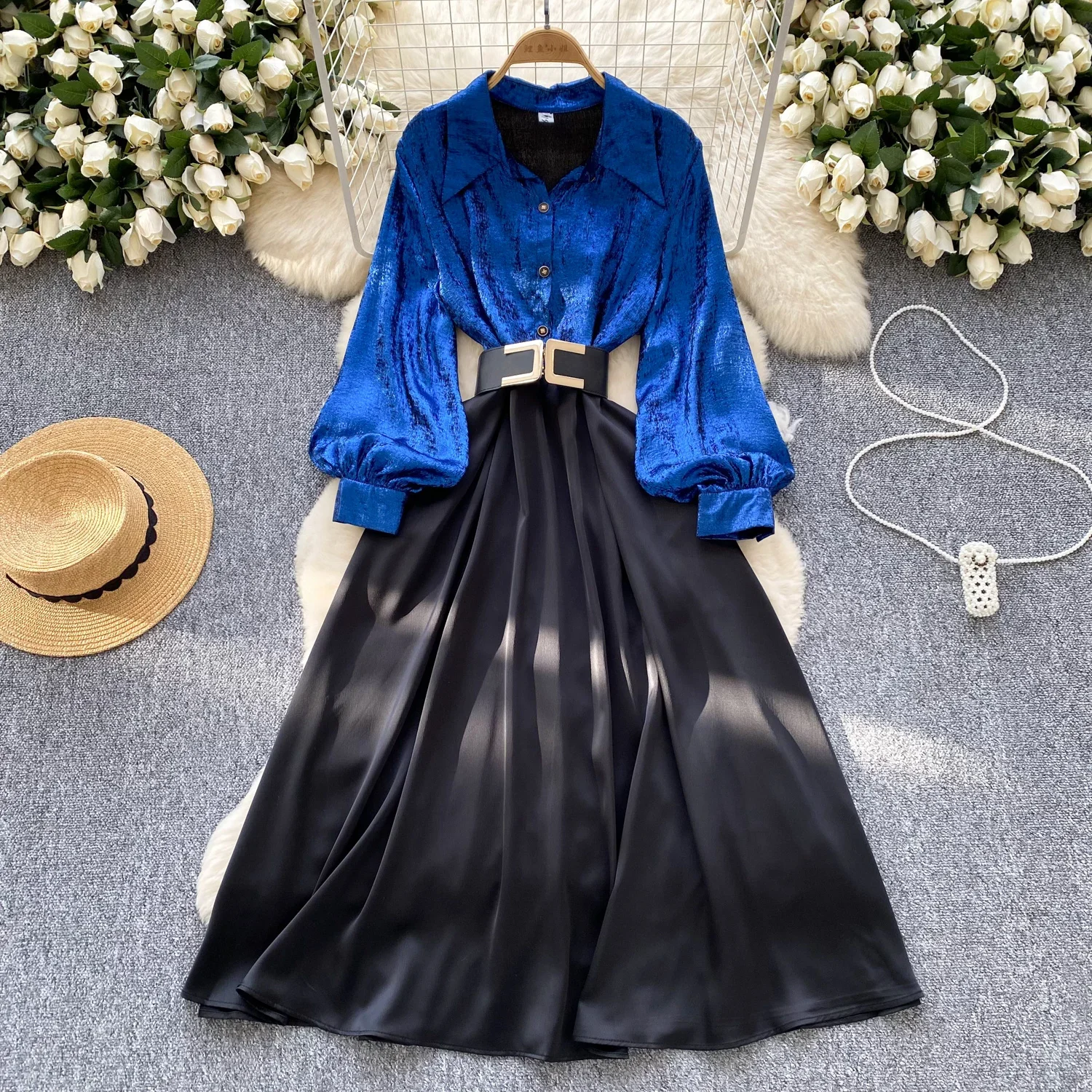 Elegant Long Sleeves Vintage Turn-down Collar Chic Metal Buckle Belt Slim Long Dresses French High Street Autumn Winter Clothing