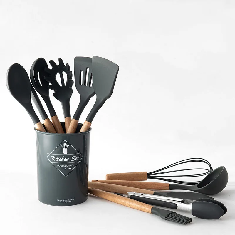 9/10/13Pcs Silicone Cooking Tools Set, Kitchen Utensils with Wooden Handle - Turner Soup Spoon Spatula Pasta Server Tongs Whisk