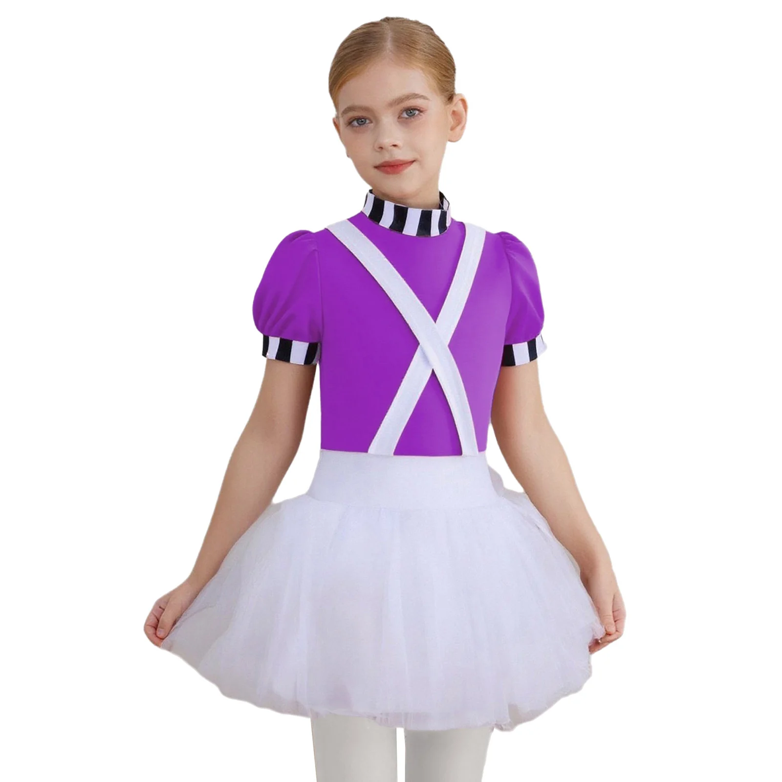 

Kids Girls Chocolate Factory Halloween Costume Mock Neck Worker Dress Up Dress with Built In Crotch Attached Braces for Cosplay