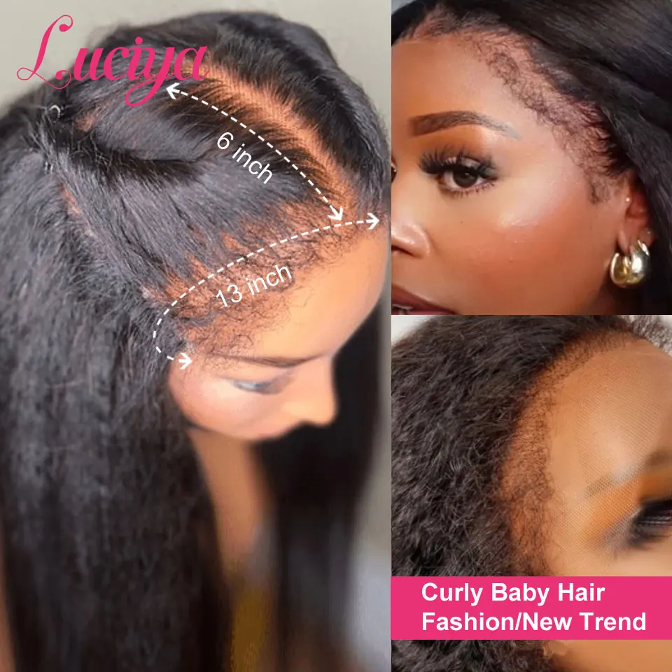 4C Edges Hairline Kinky Straight 13x4 Lace Front Wig Human Hair Transparent Yaki Straight Lace Frontal Wig  With Curly Baby Hair