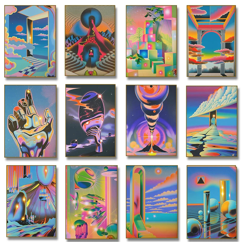 Surreal Vaporwave Dreamcore Poster Trippy Abstract Floating Stair Art canvas painting Surreal Sci-Fi Aesthetic Home Decor
