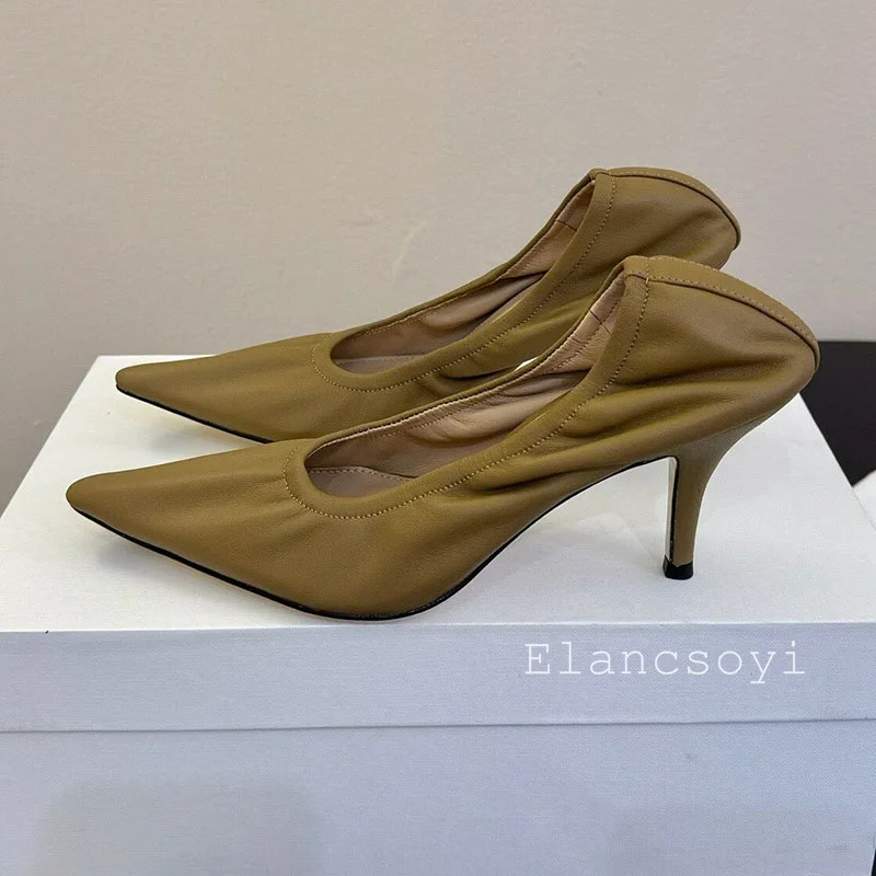 Genuine leather retro low order shoes for women 2026 new Spring and Autumn pointed elastic band office commuting high heels