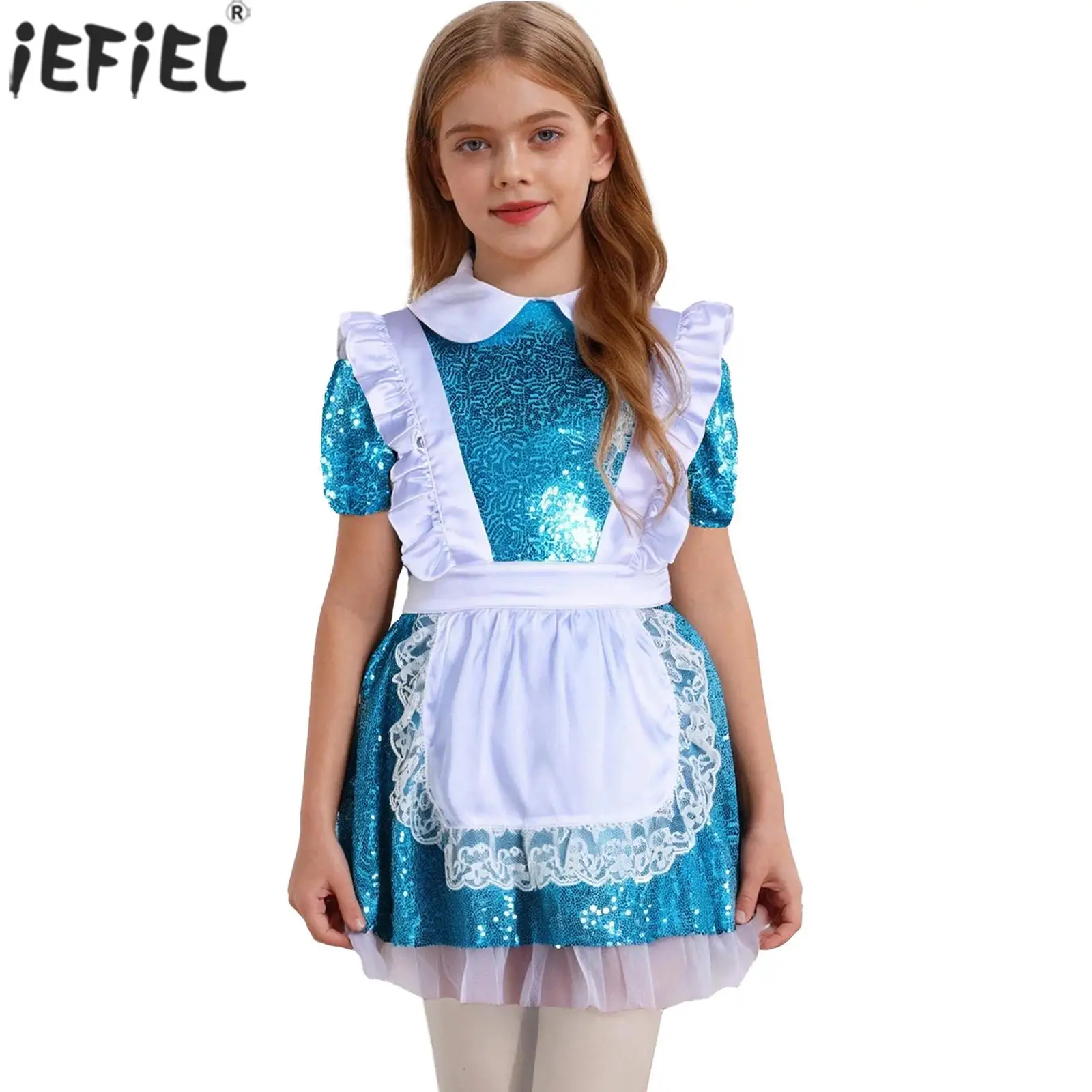 Kids Girls Wonderland Princess Costume Shiny Sequins Short Sleeve Puffy Dress with Lace Apron for Halloween Theme Party Cosplay