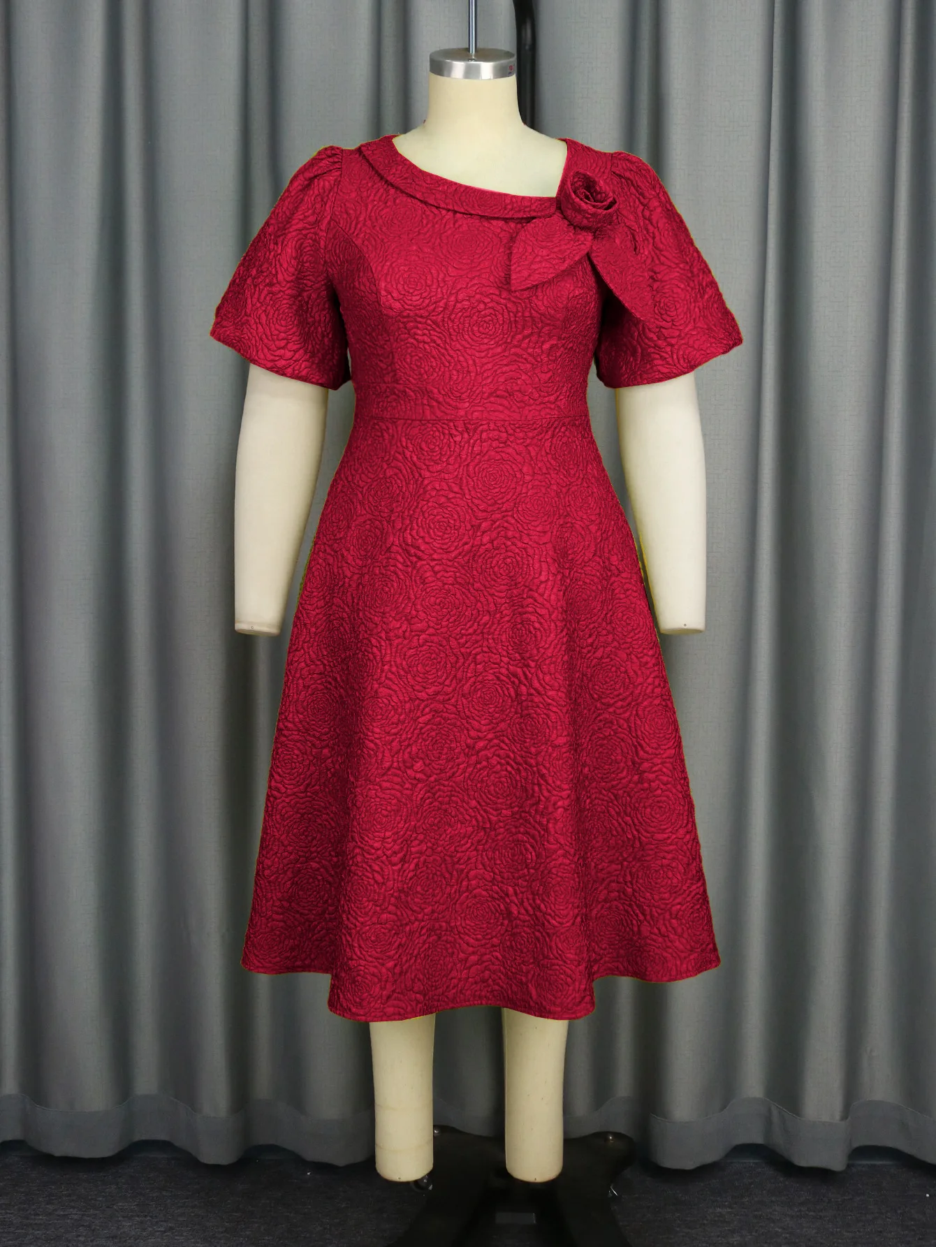 Übergröße Jacquard Midi-Kleid Damen Puffärmel 3D Blumenmuster Schleifenkragen A-Linien-Kleid Afrikanisches Elegantes Hochzeits- und Partykleid – Detail 8