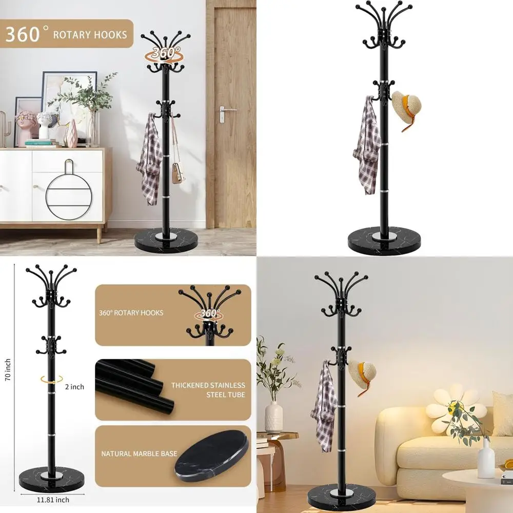 

Sturdy Metal Coat Rack with 360° Rotation and 16 Hooks, Featuring a Natural Marble Base for Entryway or Office