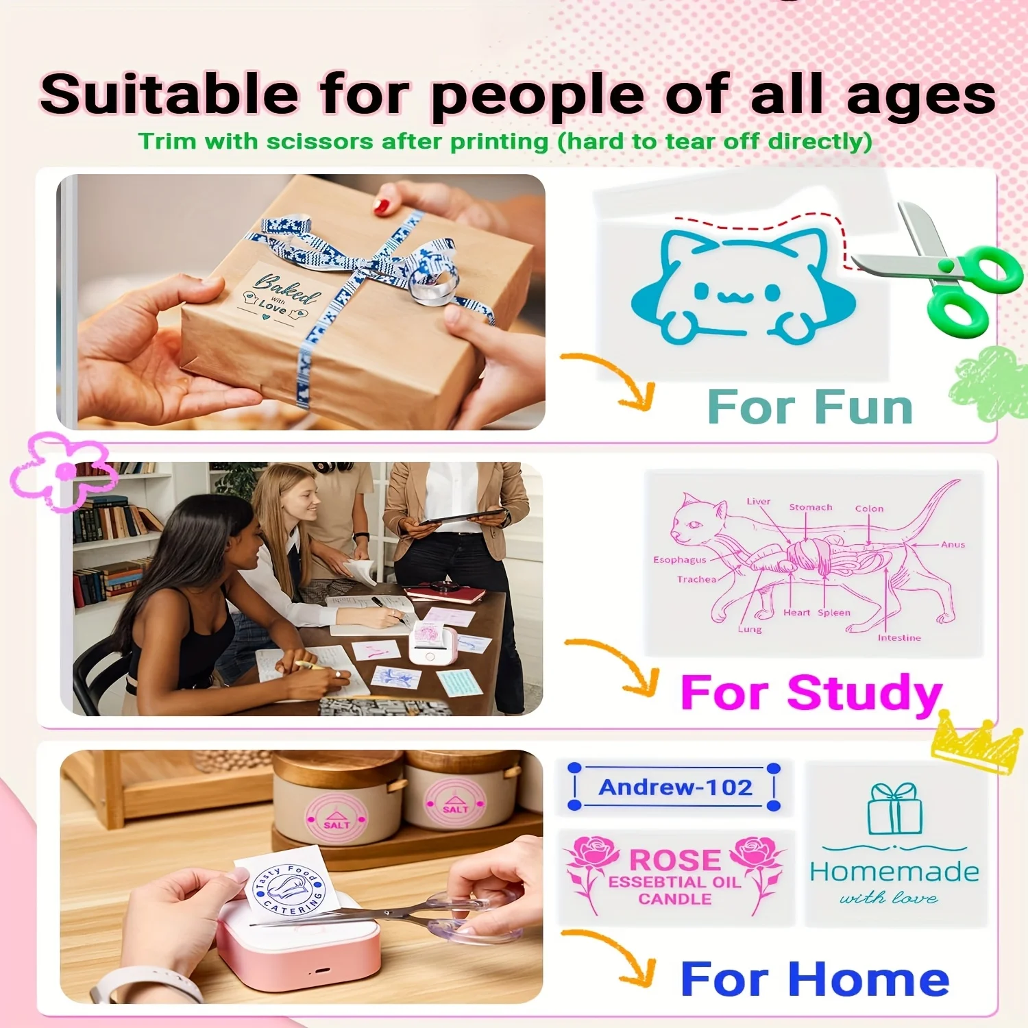 Pink/Blue/Cyan Clear Self-Adhesive Sticker Paper HD Labels for Mini Printer Portable Adhesive Tag for Notes/Photos/Office/School