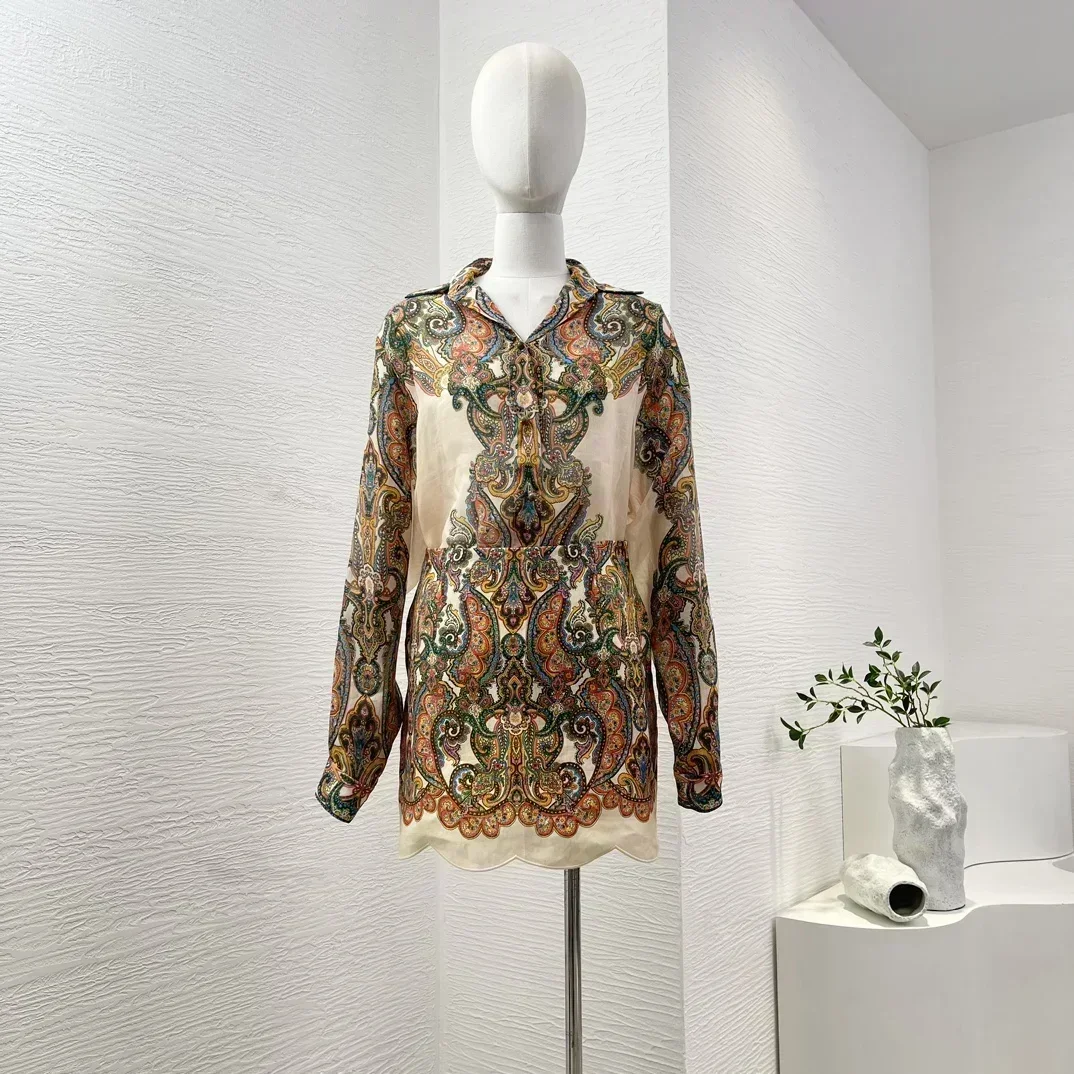 Latest 2024 Women Re-tro Paisley Symmetrical Print Sets Collection Long Sleeve High Quality Blouse and Mini Skirt for Holiday